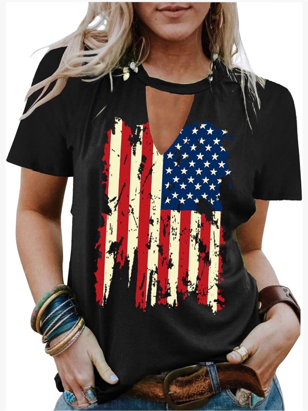 Patriotic American Flag V-Neck Cutout Graphic Tee Black Size XL Casual USA Shirt